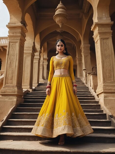 Foto una chica en una lehenga amarilla está caminando por las escaleras reales seguida por muchos hombres del ejército