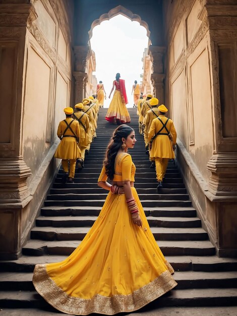 Foto una chica en una lehenga amarilla está caminando por las escaleras reales seguida por muchos hombres del ejército