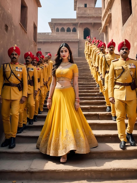 Foto una chica en una lehenga amarilla está caminando por las escaleras reales seguida por muchos hombres del ejército