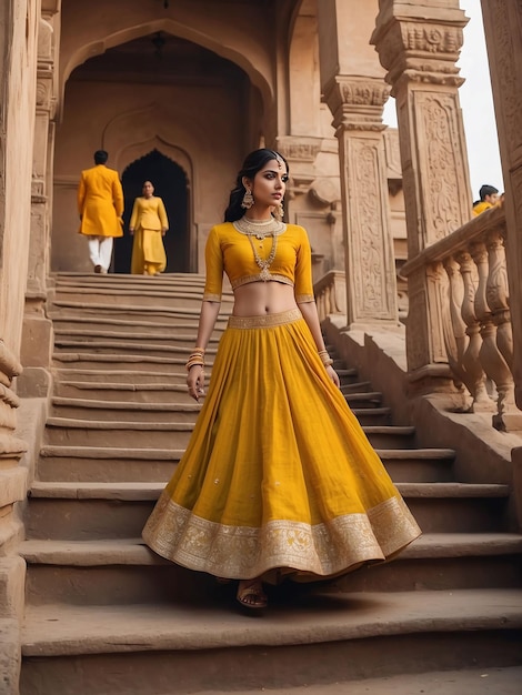 Una chica en una lehenga amarilla está caminando por las escaleras reales seguida por muchos hombres del ejército