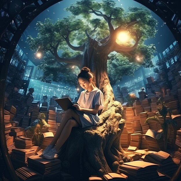 una chica leyendo un libro bajo un árbol con un árbol en el fondo