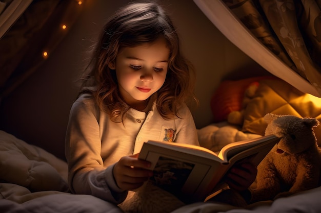 Chica leyendo un libro en la cama