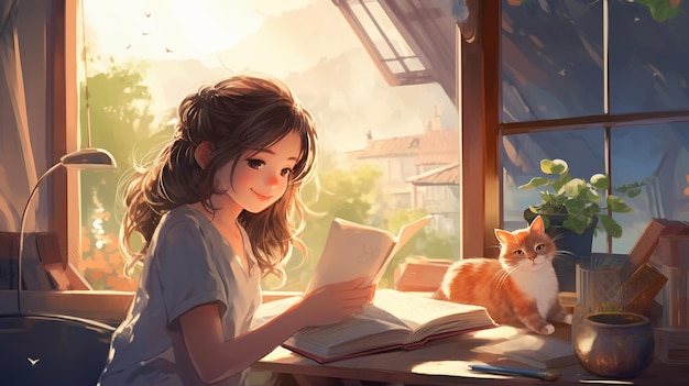 una chica leyendo un libro con un gato en la mesa.