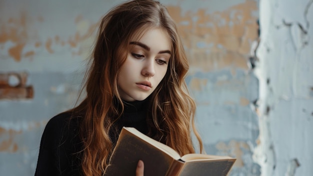 una chica leyendo un libro con la palabra en el lado
