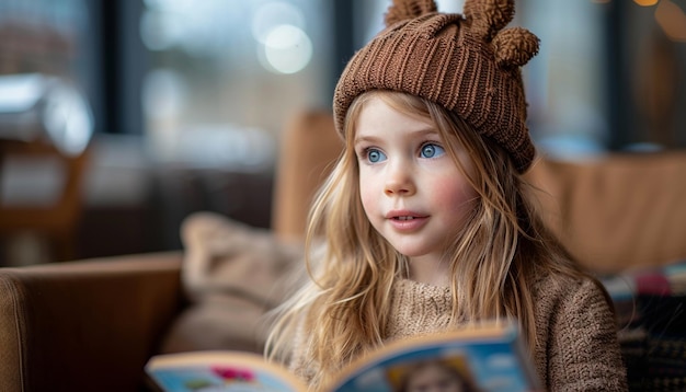 Foto una chica está leyendo un libro con un sombrero marrón