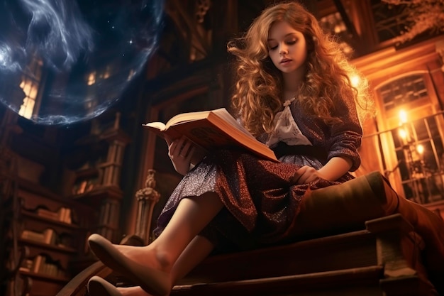 chica con un libro de brujería en el ático
