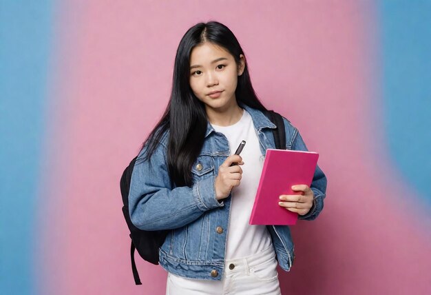 una chica con un libro y una pluma en la mano