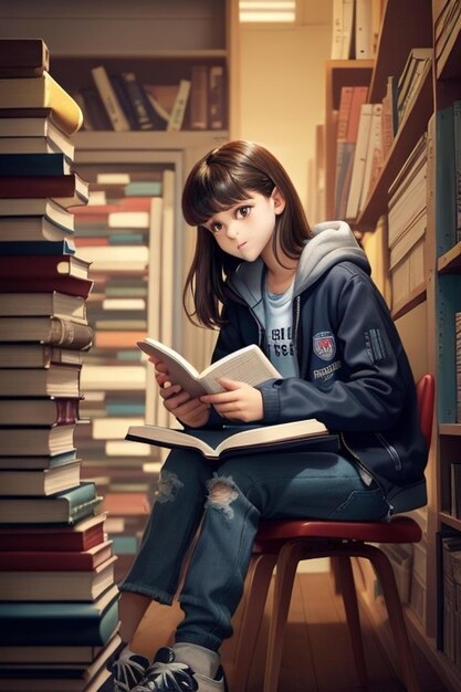 Una chica con un libro en el regazo está sentada en una biblioteca de libros.