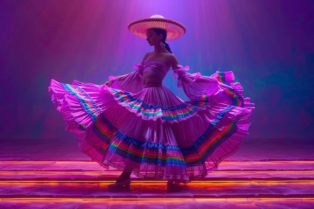 Foto chica linda en 3d danza mexicana moderna una lámpara de sala de baile en 3d brillando sobre su fondo púrpura