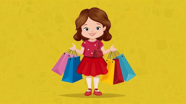Chica linda con bolsas de compras en un fondo amarillo