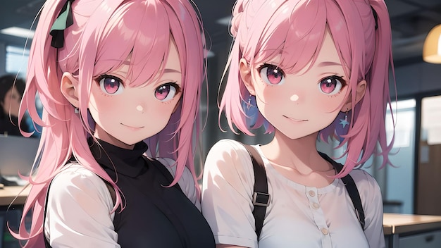 Chica linda de cabello rosa en el arte de anime de la oficina