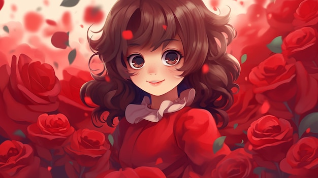 Chica linda en un campo de rosas rojas Ilustración infantil