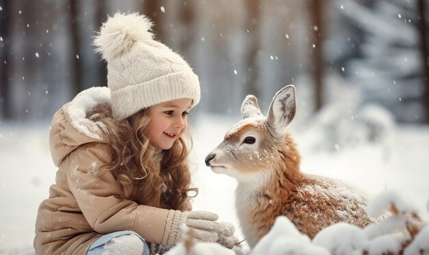 Chica linda con un ciervo pequeño Durante el clima frío y la nieve cae Vacaciones de invierno Viaje de Navidad