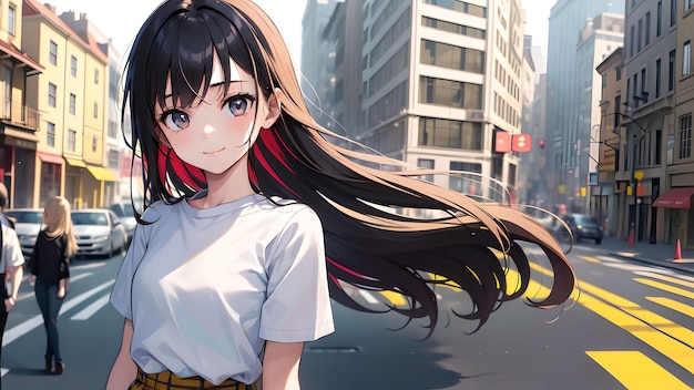 Chica linda en la ciudad arte de anime para papel tapiz