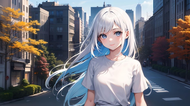 Chica linda en la ciudad arte de anime para papel tapiz