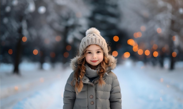 Chica linda con clima frío y copos de nieve Vacaciones de invierno Viaje de Navidad