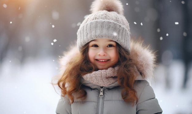 Chica linda con clima frío y copos de nieve Vacaciones de invierno Viaje de Navidad