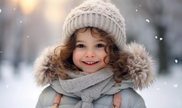 Foto chica linda con clima frío y copos de nieve vacaciones de invierno viaje de navidad