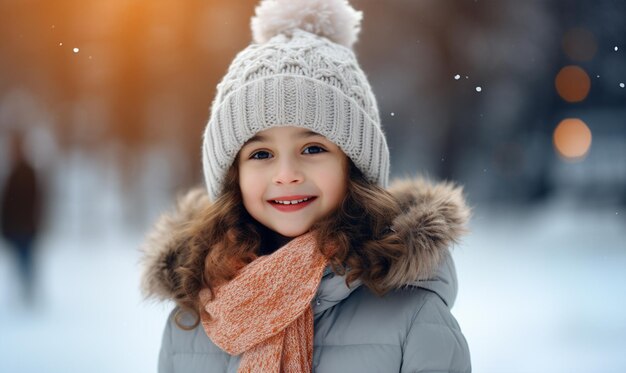 Foto chica linda con clima frío y copos de nieve vacaciones de invierno viaje de navidad