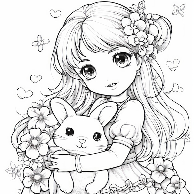 Chica linda con conejo y flores ilustración vectorial en blanco y negro