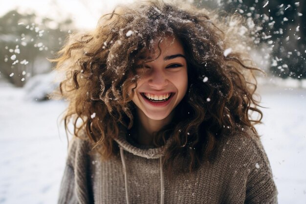 Una chica linda con copos de nieve divirtiéndose