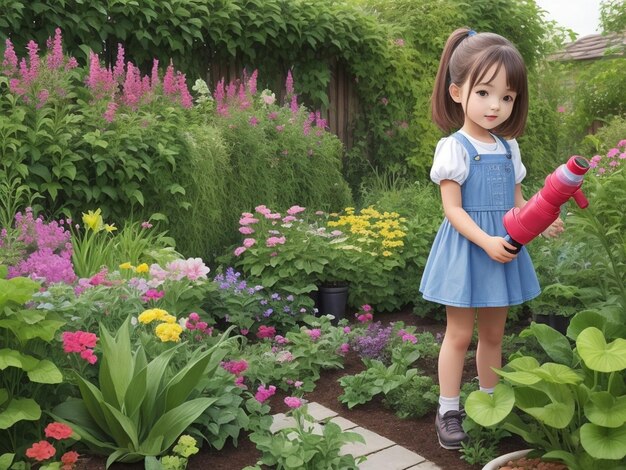 Una chica linda se cría en un jardín.