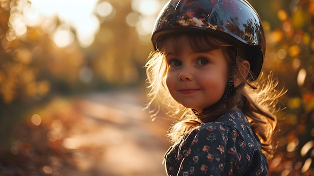 Chica linda de cuatro años montando en la bicicleta con casco generado por IA