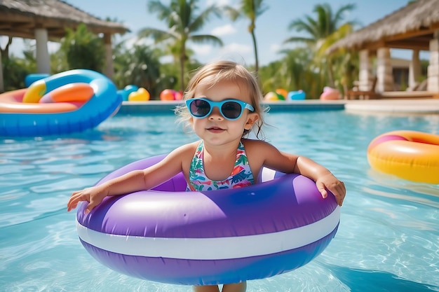 Chica linda y divertida en traje de baño colorido y gafas de sol relajándose en un anillo de juguete inflable flotando en la piscina divirtiéndose durante las vacaciones de verano en un complejo tropical Niño divirtiéndose en la piscina