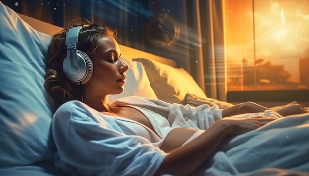 Una chica linda durmiendo en la cama con auriculares.