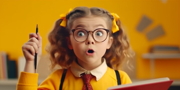 Una chica linda e inteligente con gafas sosteniendo un libro en su mano generada por la IA