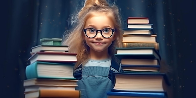Una chica linda e inteligente con gafas sosteniendo una pila de libros generados por la IA