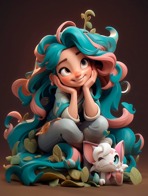 Chica linda estilo pixar con el cabello de color