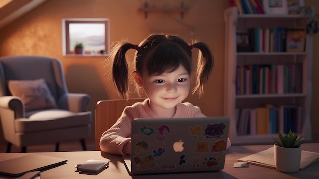 Una chica linda estudiando en la computadora en casa.