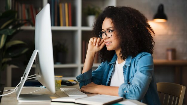 Una chica linda estudiando en la computadora en casa.