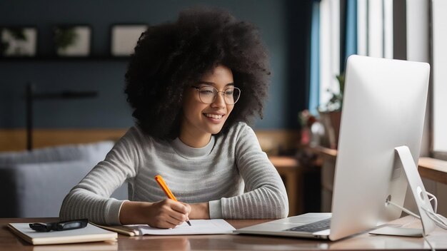 Una chica linda estudiando en la computadora en casa.