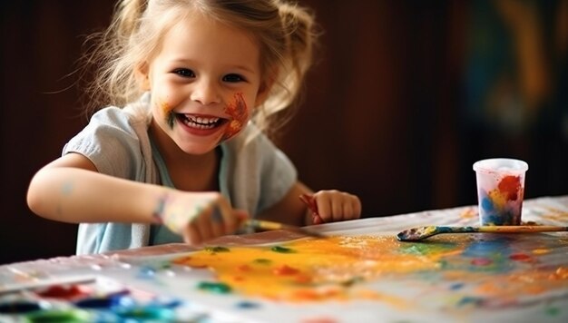 Chica linda feliz pintando con pinceles sobre papeles en la mesa con pinturas de colores de paleta Tener