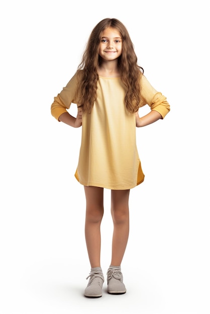 Foto una chica linda y feliz con ropa amarilla de pie aislada en un fondo blanco