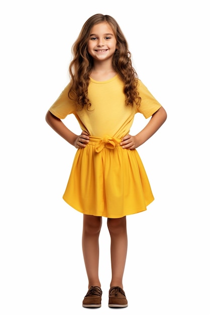 Una chica linda y feliz con ropa amarilla de pie aislada en un fondo blanco