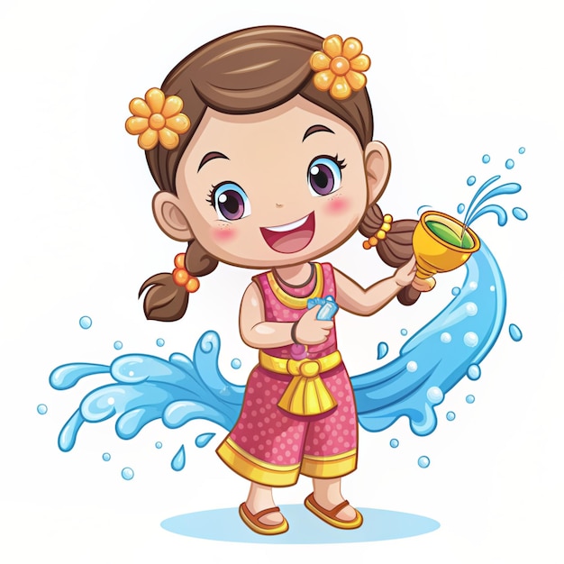 Foto chica linda feliz salpicando agua durante el festival de songkran de agua tailandia personaje tradicional de dibujos animados dibujo a mano ilustración artística