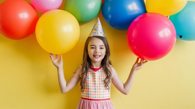 Chica linda en una fiesta de cumpleaños con coloridos globos inflables aislados en una pared amarilla