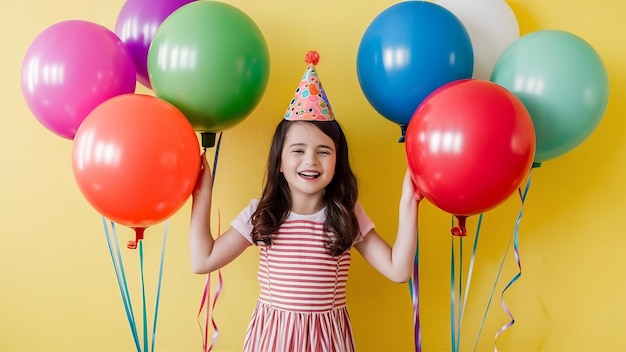 Chica linda en una fiesta de cumpleaños con coloridos globos inflables aislados en una pared amarilla