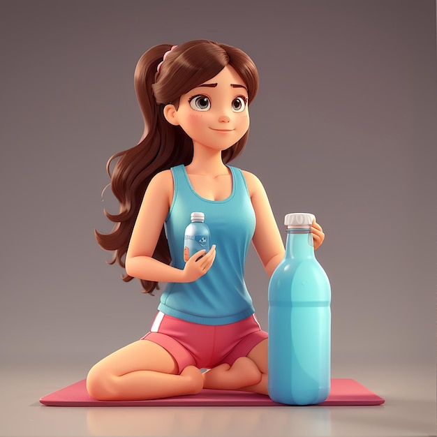 Chica linda de fitness sosteniendo botella y colchón icono vectorial de dibujos animados Ilustración gente icono deportivo concepto aislado estilo de dibujus animados plano vectorial premium