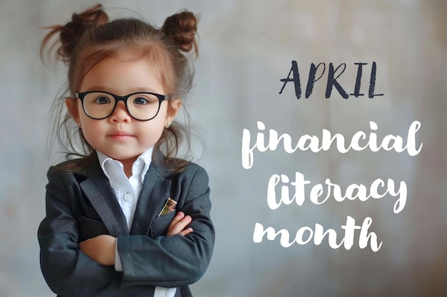 Foto chica linda con gafas y traje señal del mes de alfabetización financiera