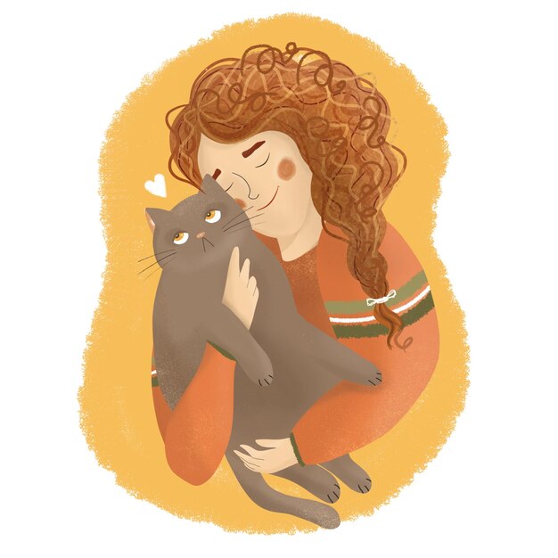 Foto chica linda con un gato en sus brazos ilustración cálida y acogedora