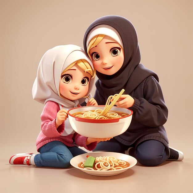 Chica linda con hijab comiendo fideos ramen con un niño dibujos animados icono vectorial ilustración gente comida aislada