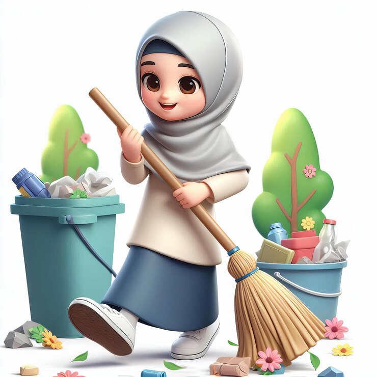 Una chica linda con hijab está barriendo la basura esparcida por el suelo mientras sonríe