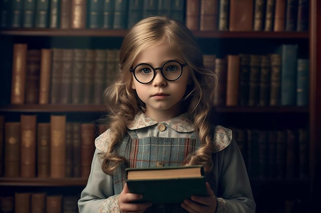 Una chica linda y inteligente con gafas y una pila de libros en una biblioteca generada por IA