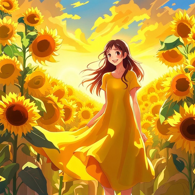 Una chica linda en el jardín de girasoles con una ilustración de vestido amarillo