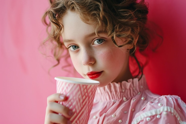 Foto chica linda joven encantadora con lápiz labial rojo en blusa rosa taza de papel de caramelo