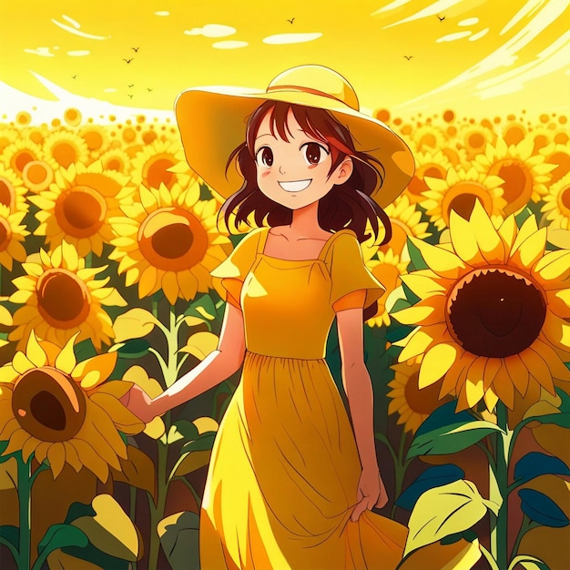 Una chica linda lleva un vestido amarillo y se para en el jardín de girasoles amarillo